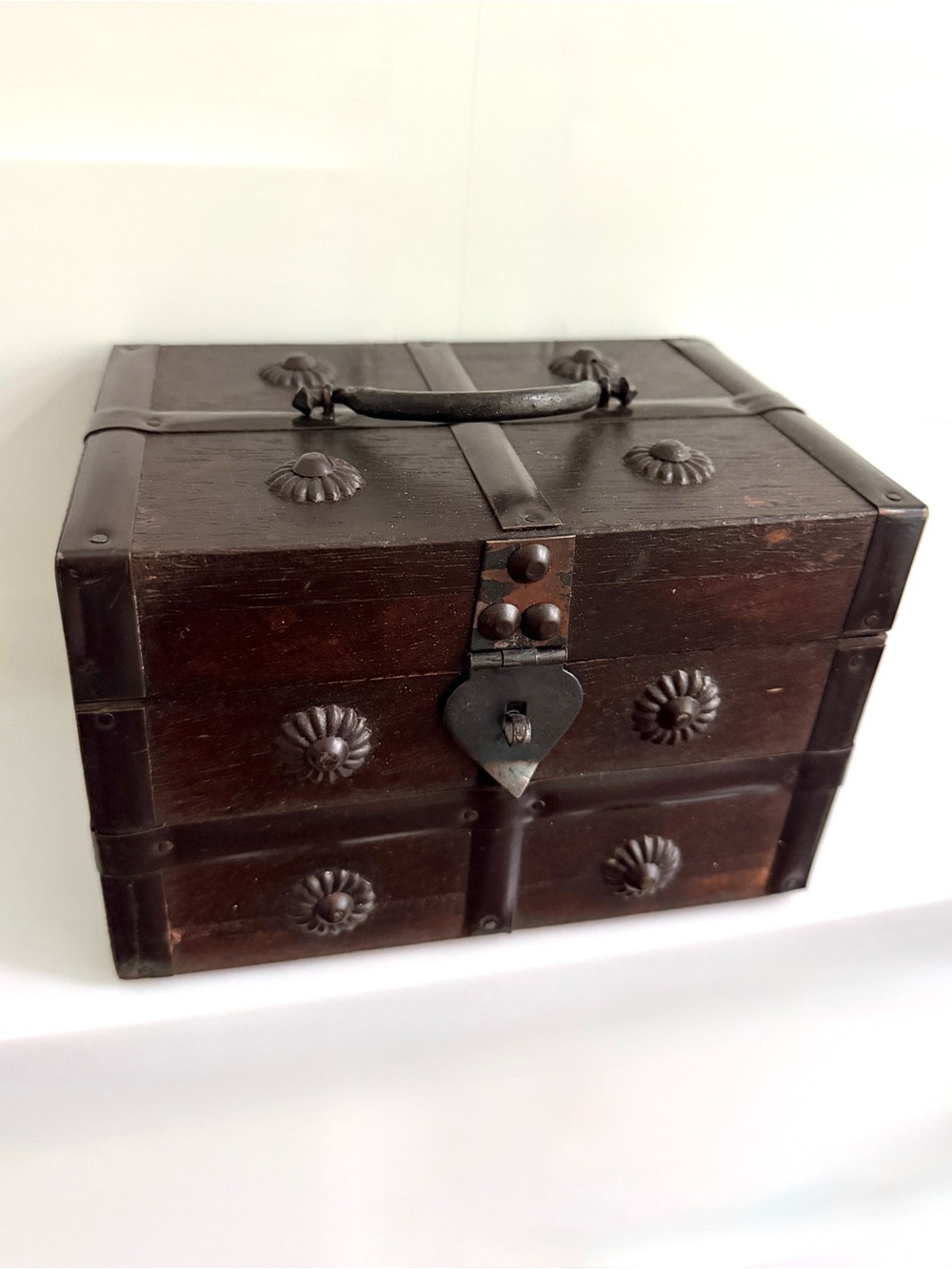 Vintage Wood Jewelry Box Spanish Revival Keepsake Chest Trunk Red Lining